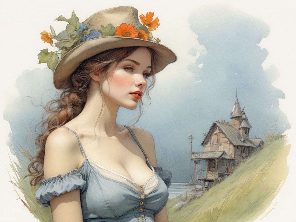 Young woman in serene landscape with old house and ocean