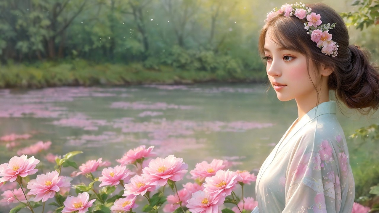 Serene Woman by Tranquil Lake with Lotus Flowers