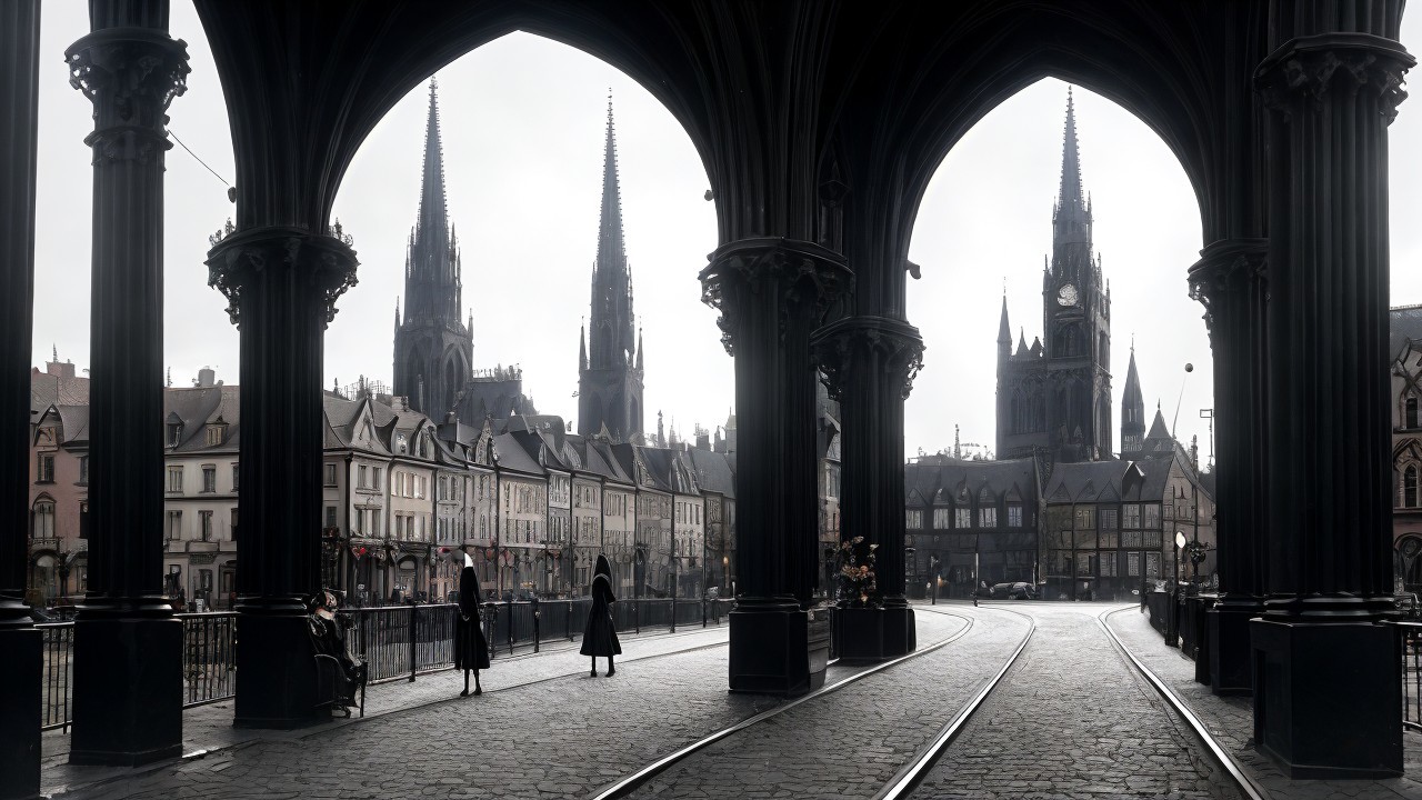 Gothic Cityscape Under Dramatic Archways and Clouds