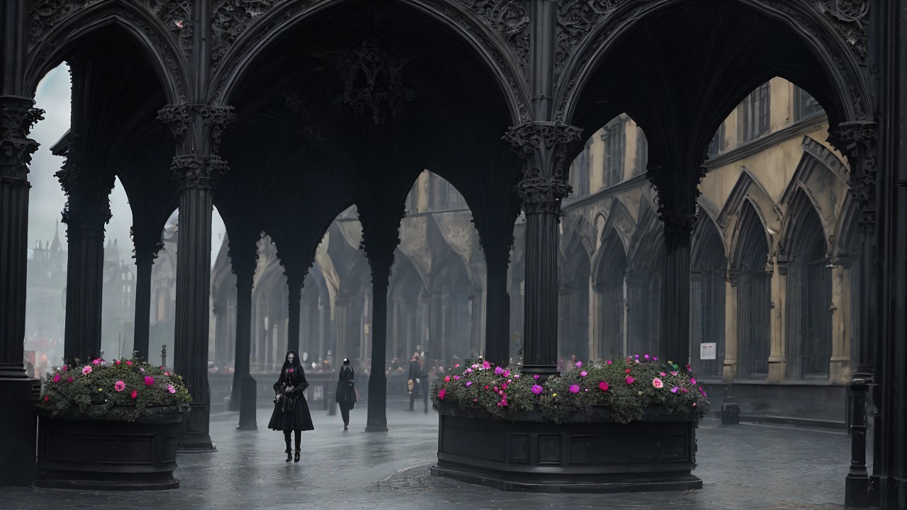 Misty Courtyard with Gothic Arches and Vibrant Flowers