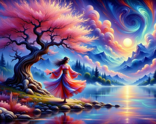 Vibrant Sunset Scene by a Tranquil Lake and Mountains