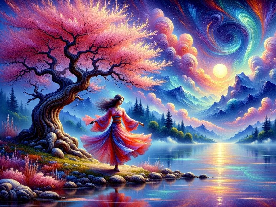 Vibrant Sunset Scene by a Tranquil Lake and Mountains