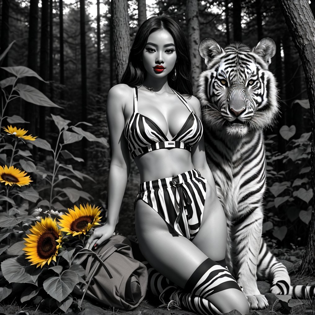 Black-and-White Scene with Woman and Tiger in Sunflowers