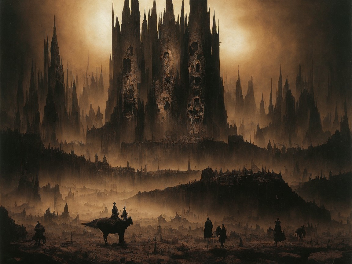 Dark Haunting Landscape with Gothic Structures and Mist