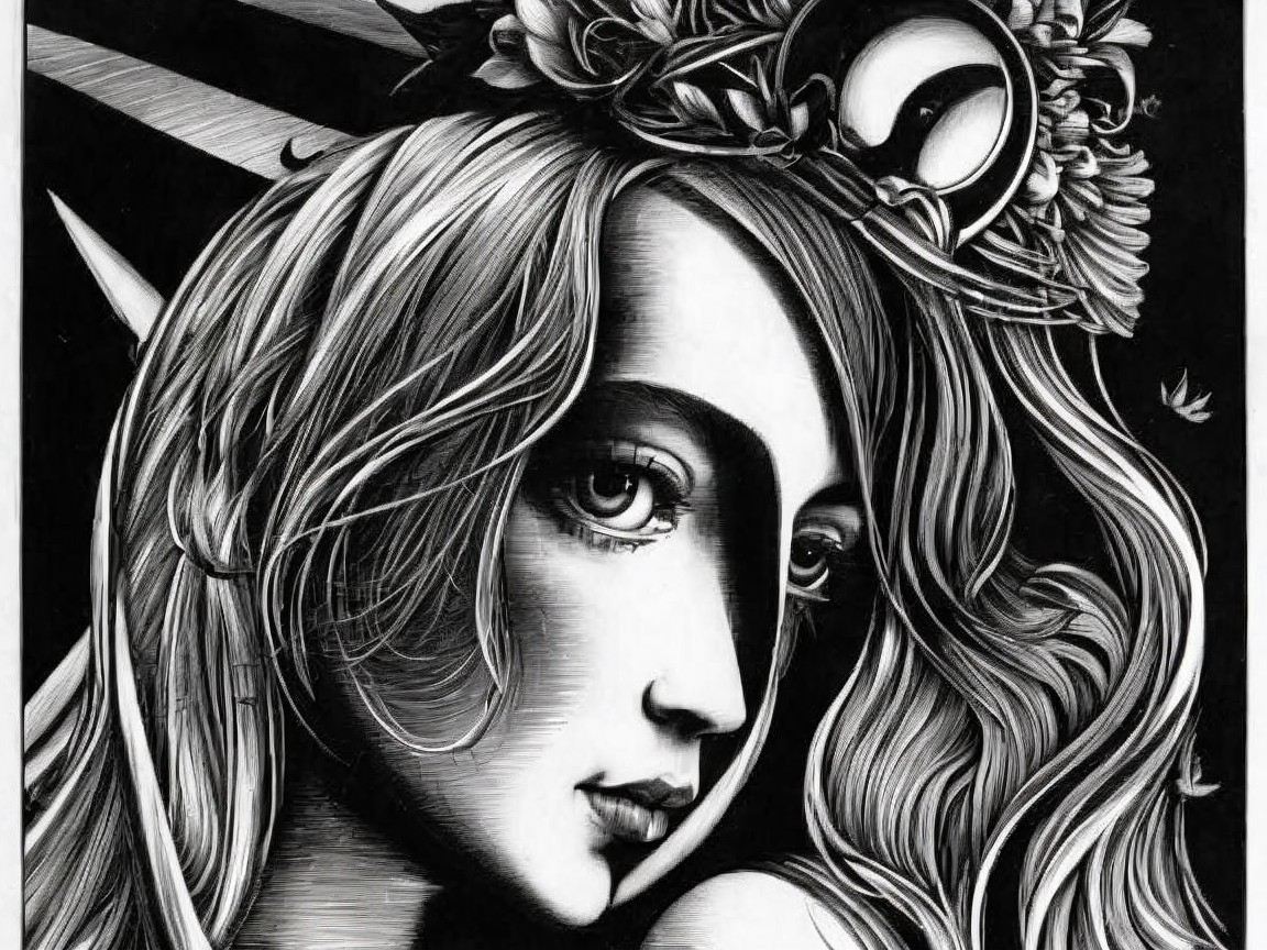 Stylized Female Portrait with Floral Crown and Patterns