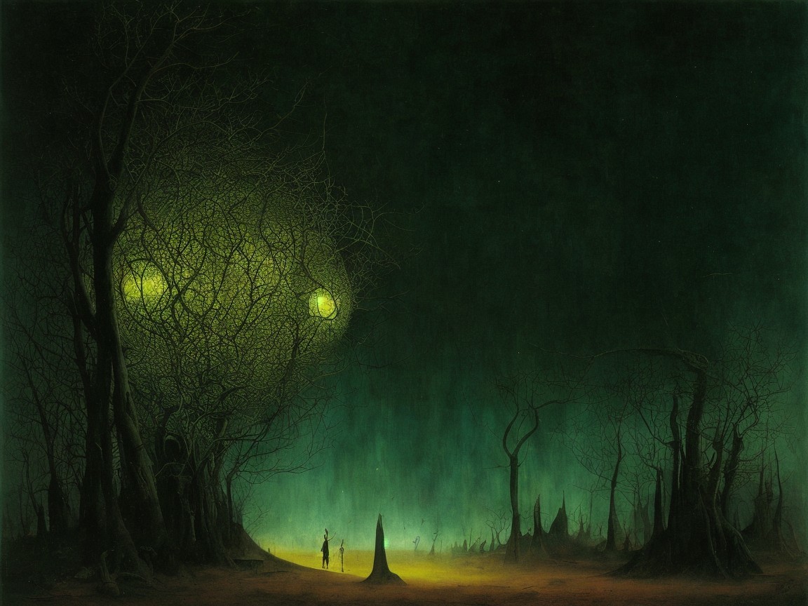 Surreal Landscape with Eerie Sky and Twisted Trees