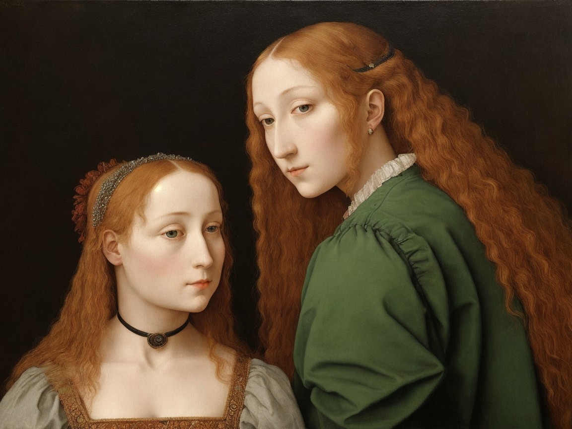 Portrait of Two Women with Red Hair and Dark Background