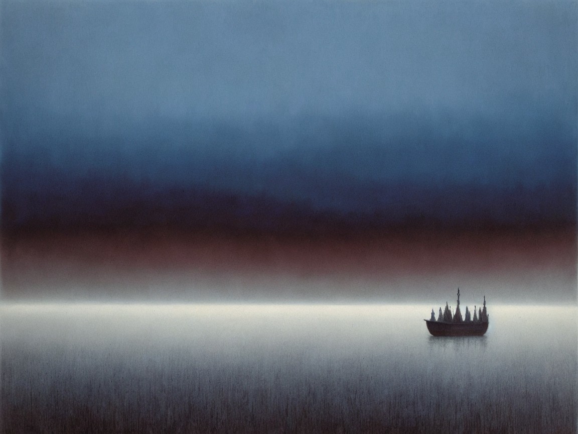 Solitary Boat on Calm Sea at Gradient Sky