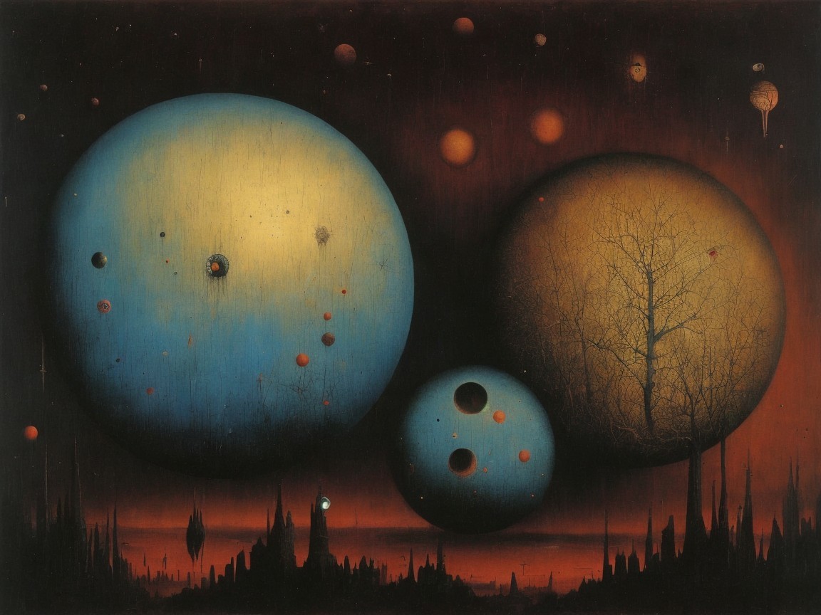 Surreal Landscape with Celestial Bodies and Barren Tree