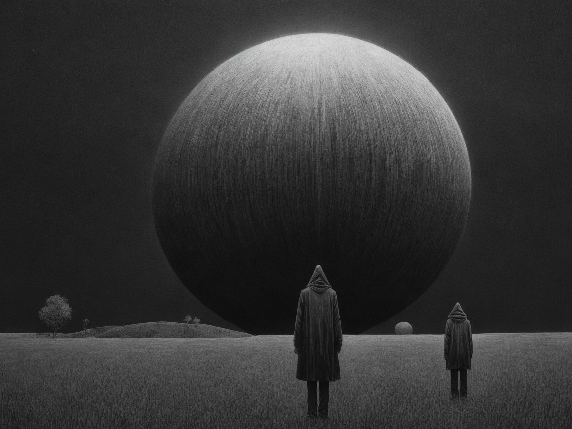 Surrealist Black and White Painting of Hooded Figures