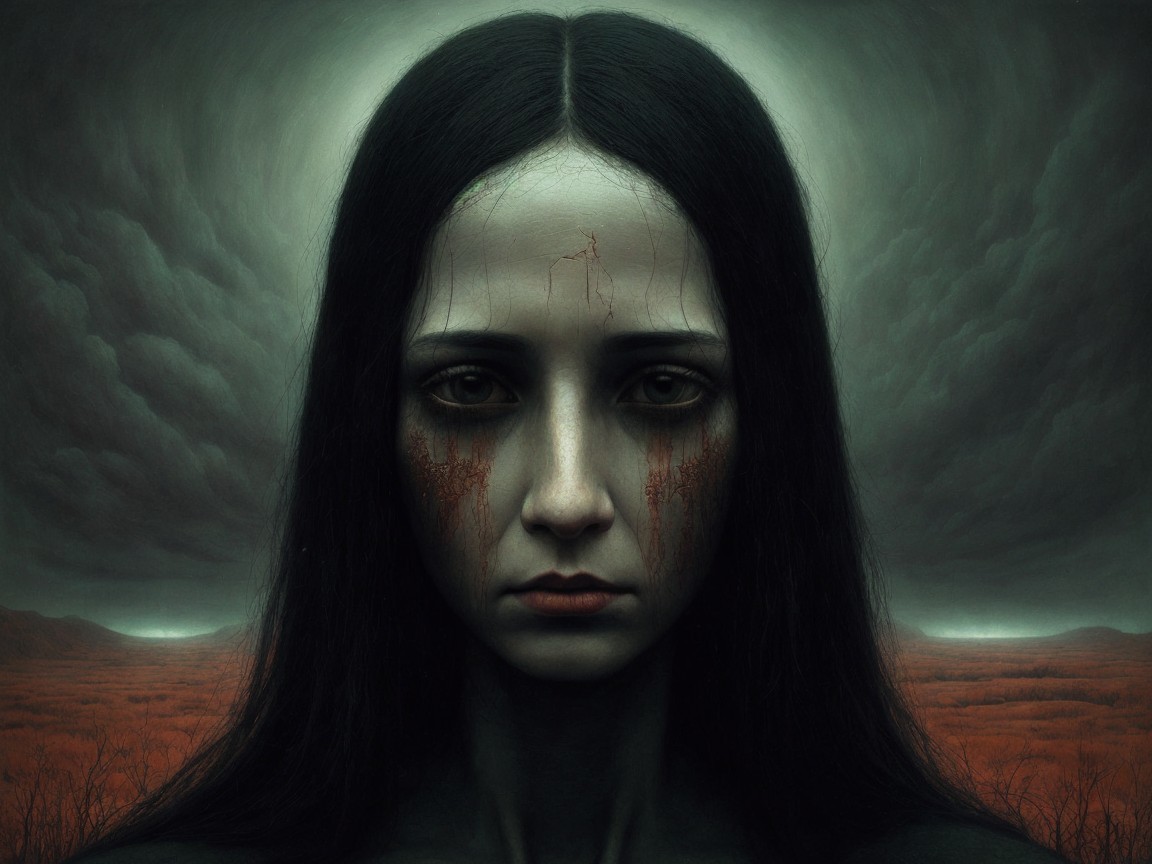 Solemn figure with dark hair in a dramatic landscape