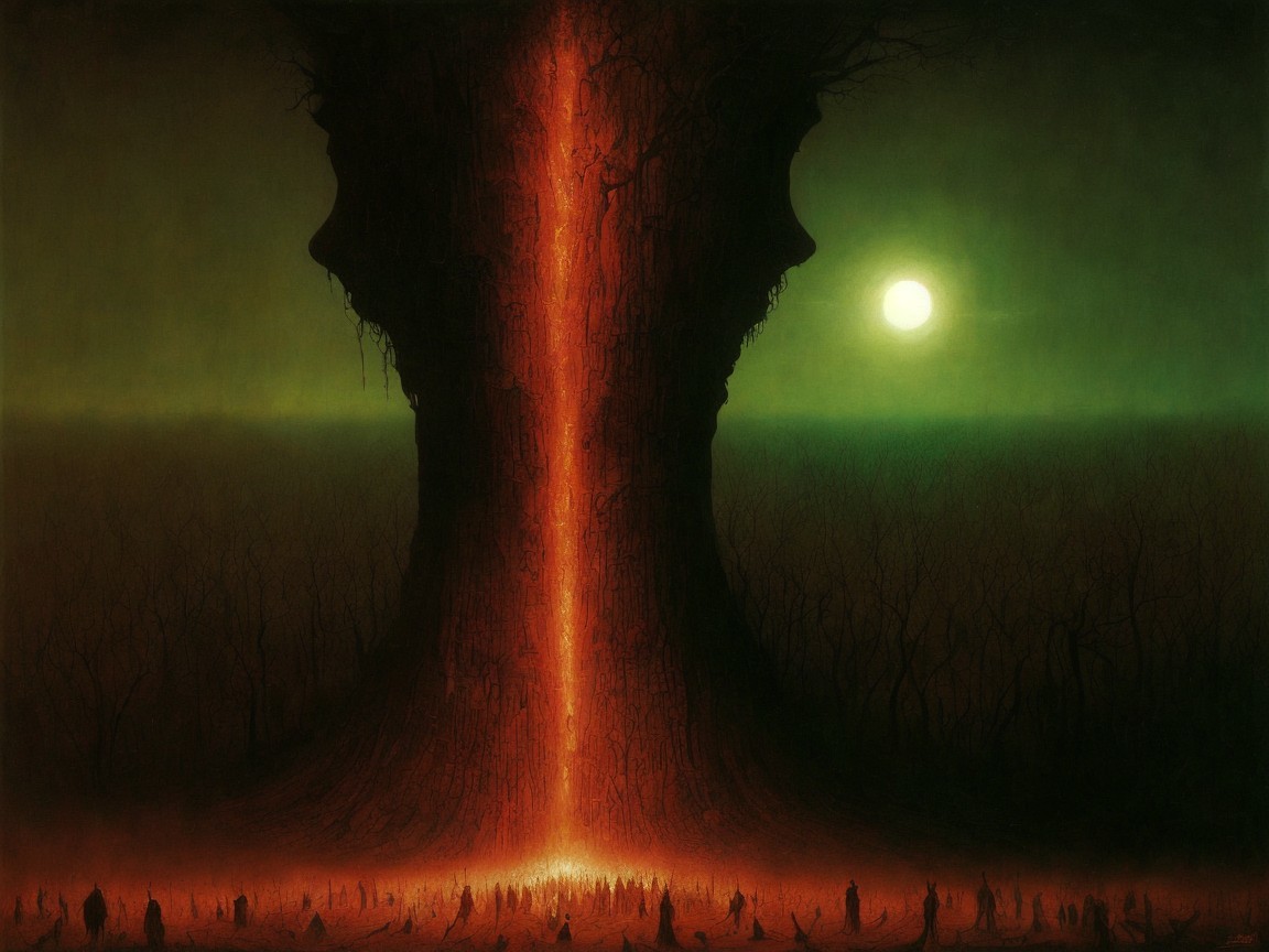 Tree with Carved Faces and Glowing Orange Hue