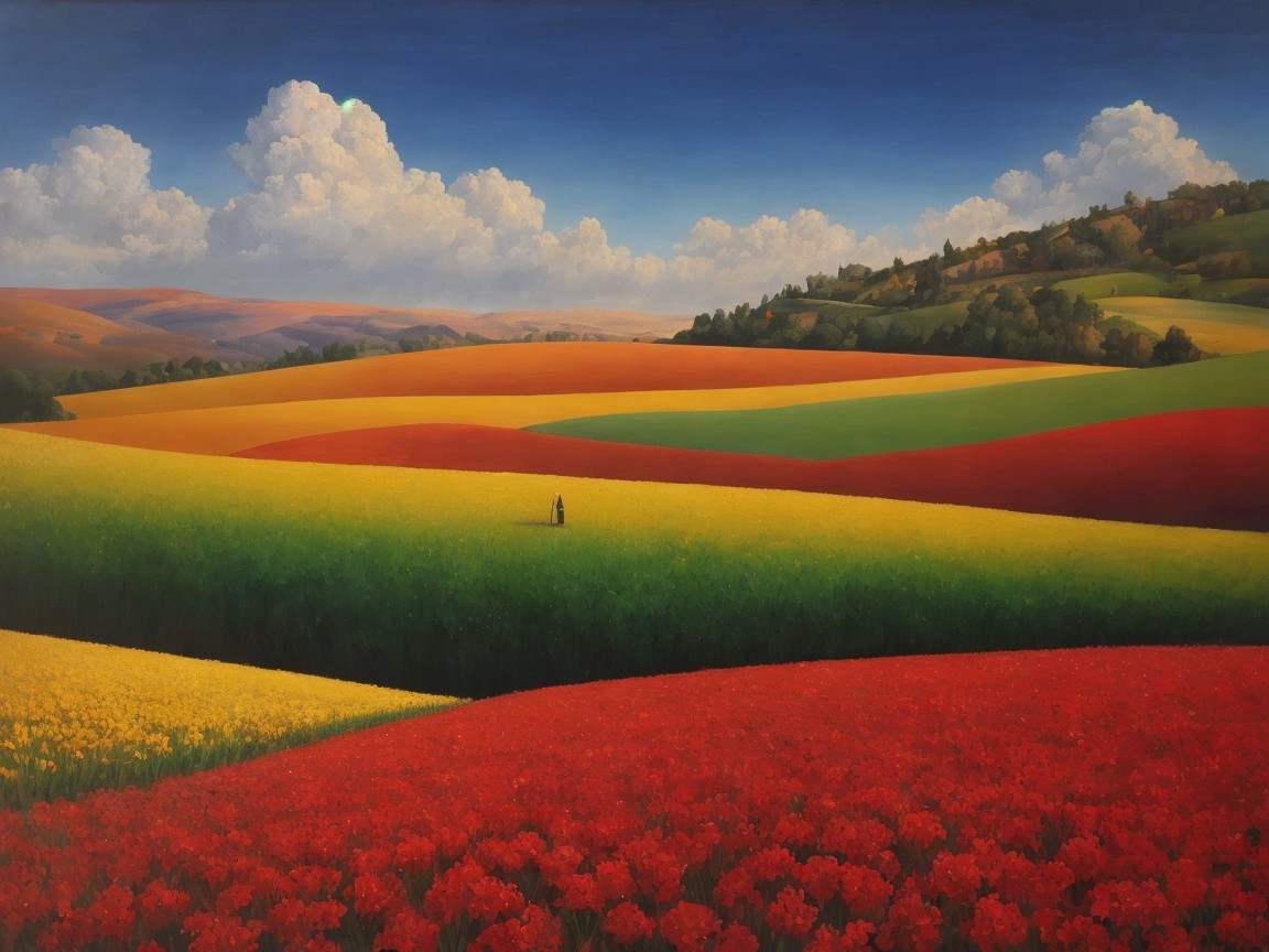 Vibrant Landscape with Colorful Fields and Hills