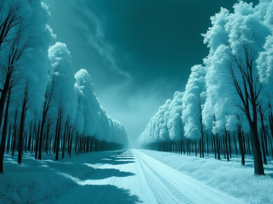 Ethereal Winter Landscape with Fluffy Trees and Shadows