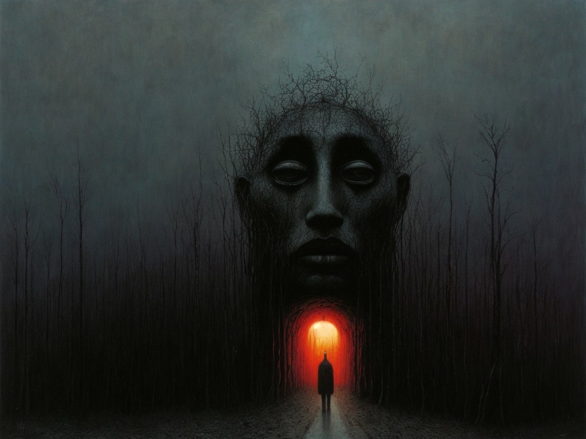 Surreal Landscape with Faceless Figure and Glowing Entrance