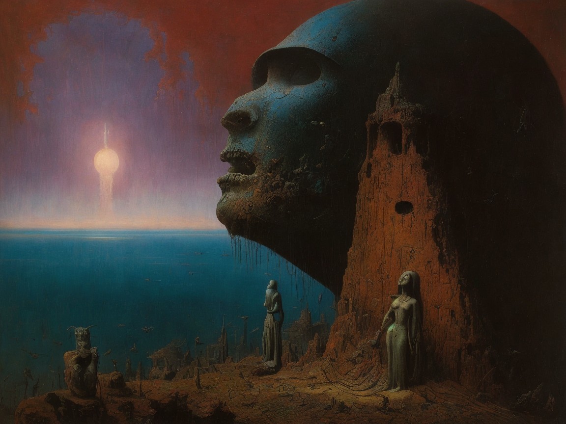 Colossal Weathered Head Against Colorful Sky and Sea