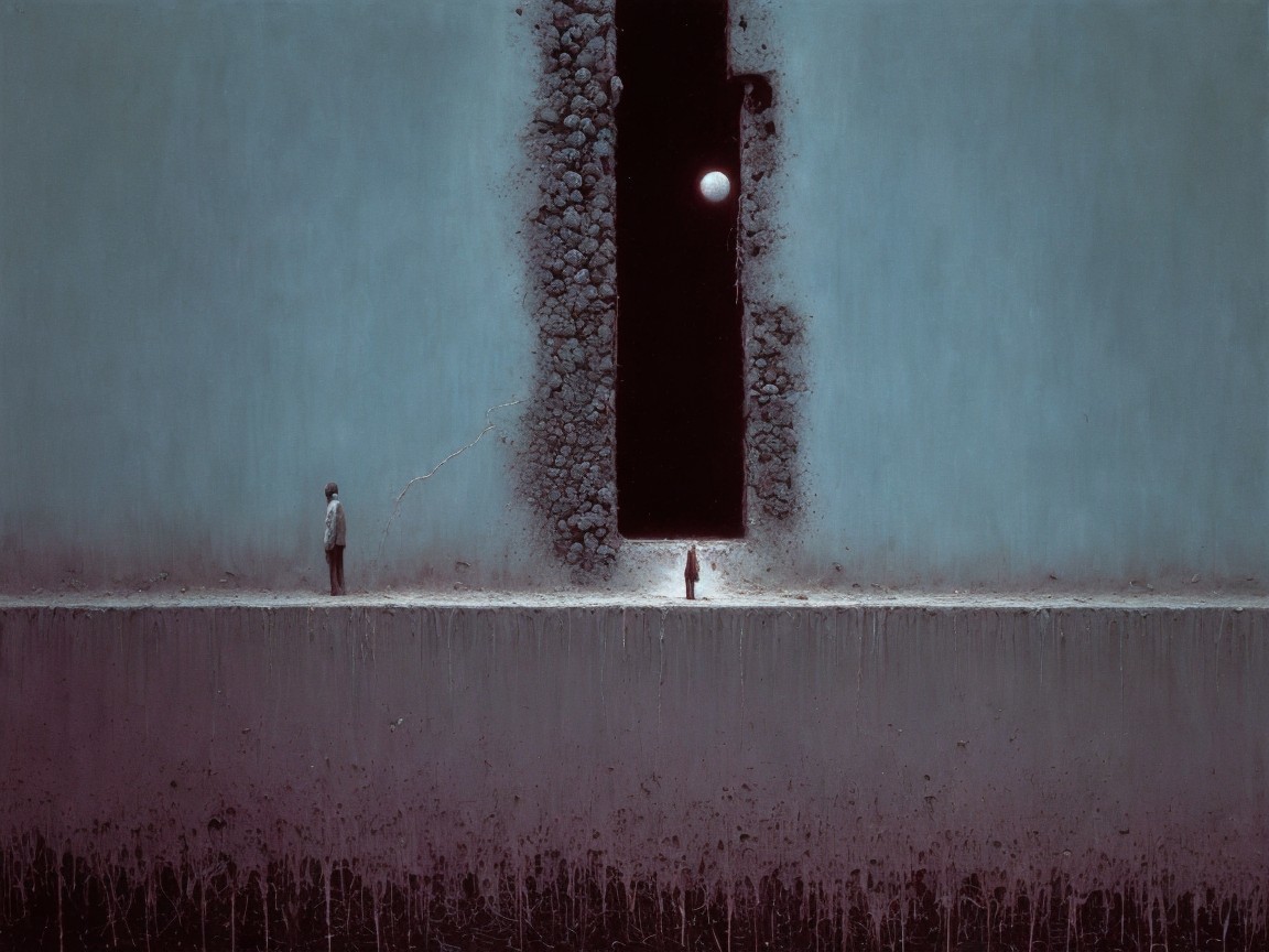 Surreal Landscape with Figures and Dark Opening