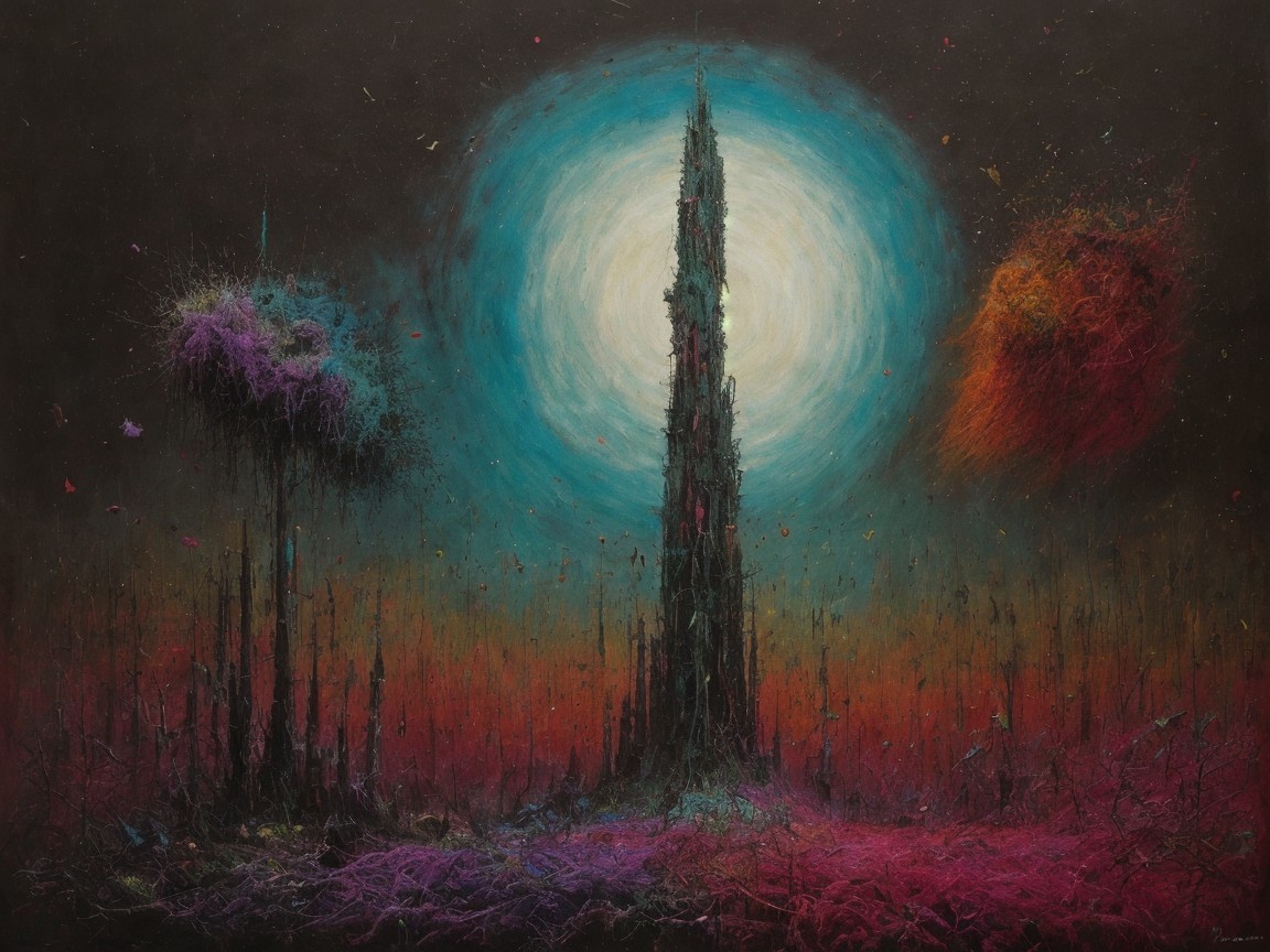 Surreal Landscape with Luminescent Spire and Orb