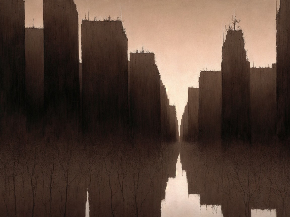 Urban Landscape with Overgrown Buildings and Waterway