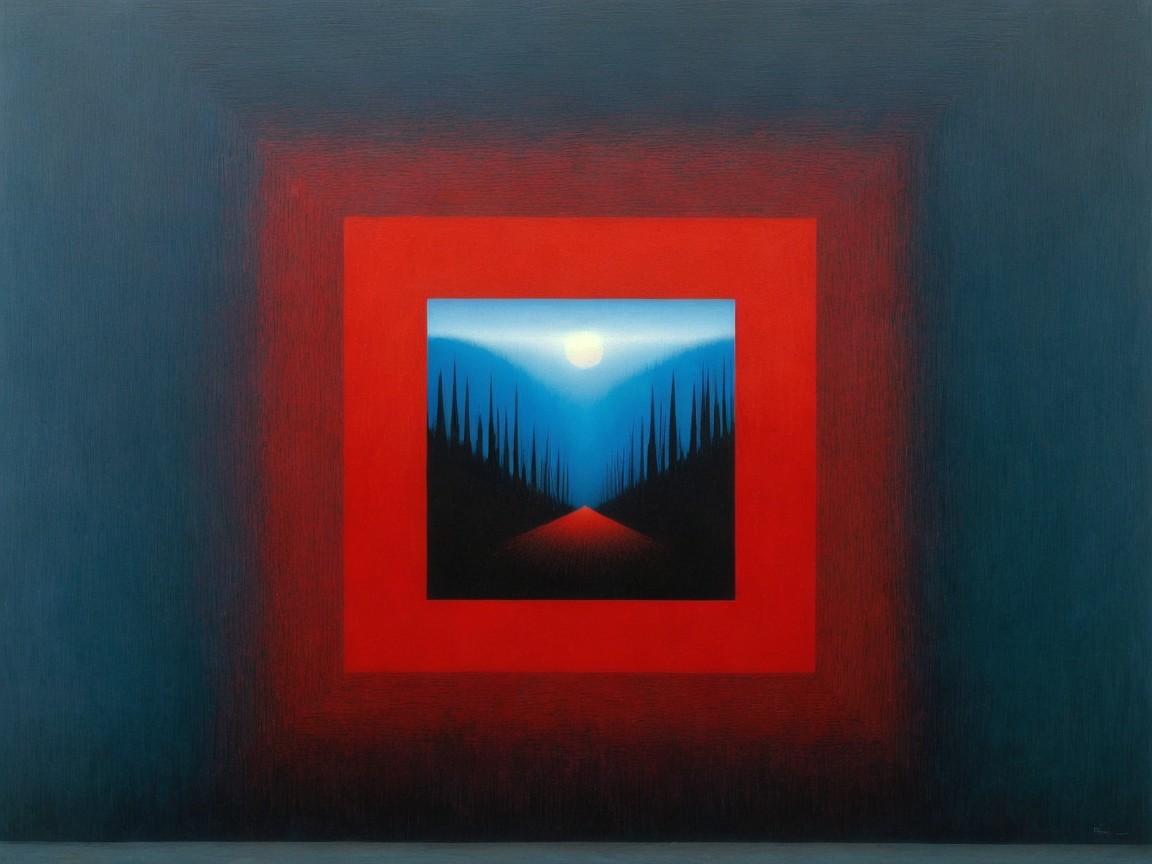 Bold Red Framed Landscape with Winding Path and Moon