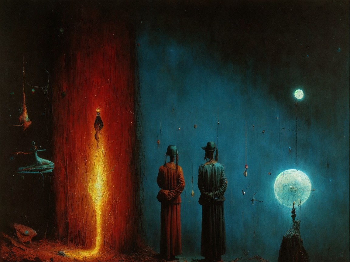 Contrasting Figures in Surreal Split Scene