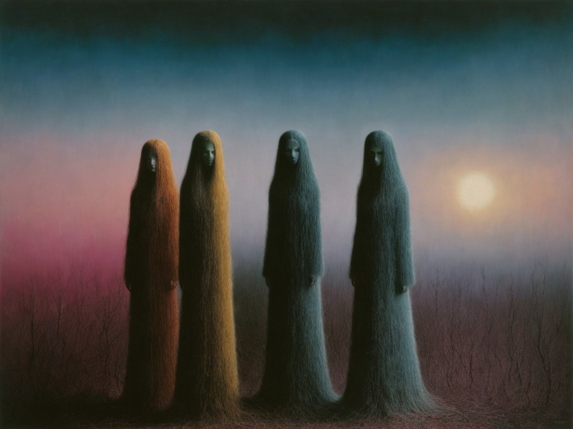 Surreal Landscape with Four Ghostly Figures in Twilight