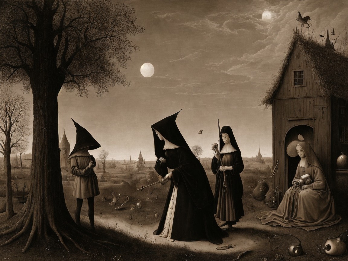 Surreal Landscape with Cloaked Figures and Cottage
