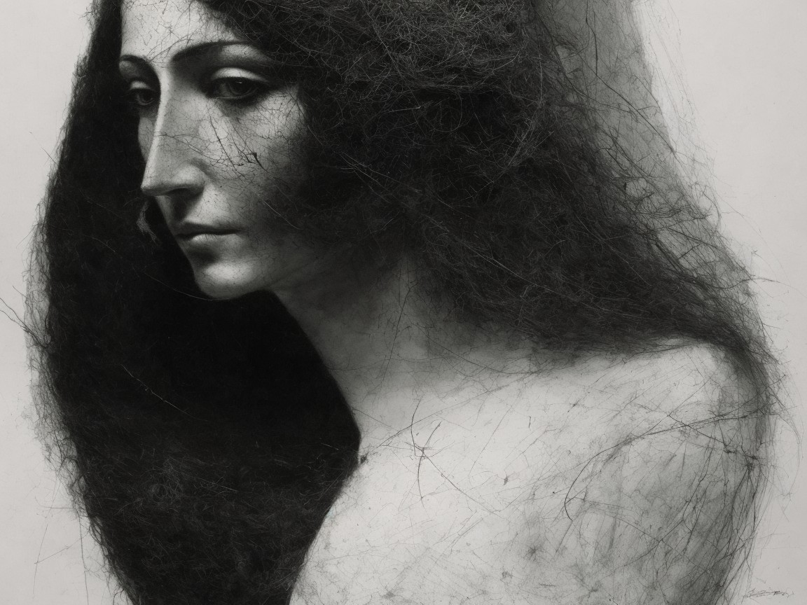 Grayscale Headshot of a Woman with Long Dark Hair