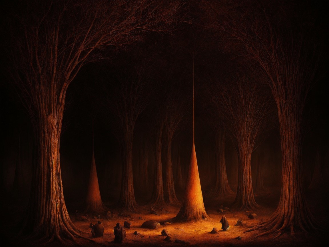 Enchanted forest with glowing trees and meditating figures