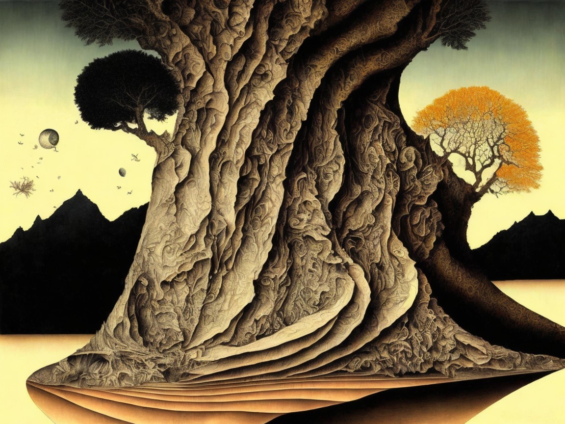 Surrealistic Landscape with Gnarled Tree and Roots