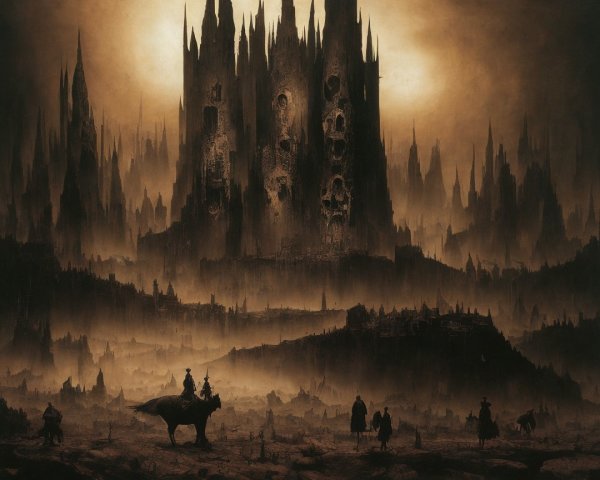 Dark Haunting Landscape with Gothic Structures and Mist