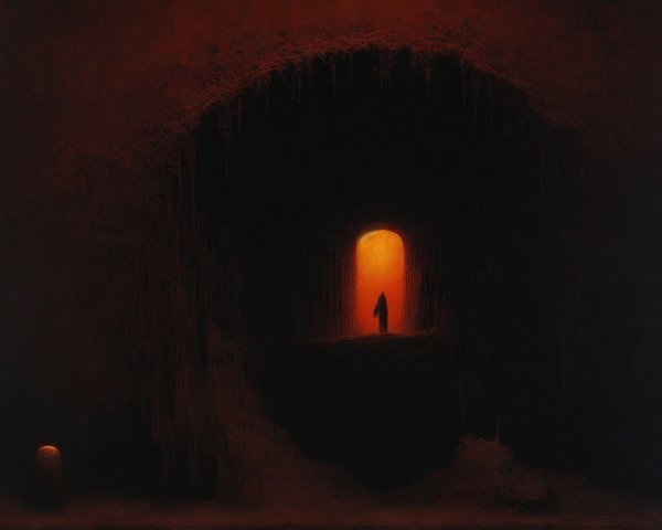 Silhouetted Figure in Dim Space with Illuminated Doorway