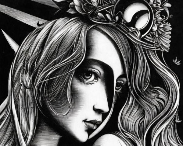 Stylized Female Portrait with Floral Crown and Patterns