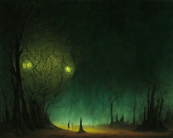 Surreal Landscape with Eerie Sky and Twisted Trees