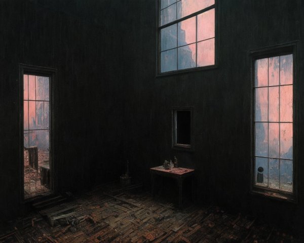 Dark Room with Windows and Twilight Mountain View