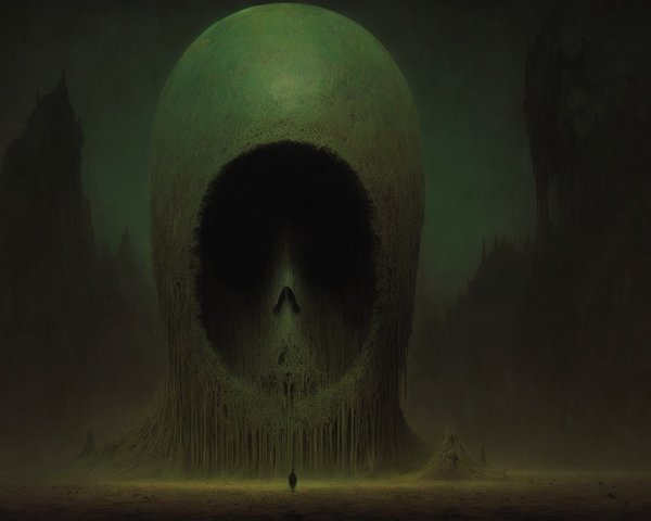 Eerie Skull-Shaped Structure in Foggy Landscape