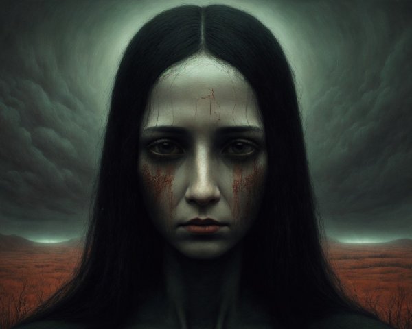 Solemn figure with dark hair in a dramatic landscape