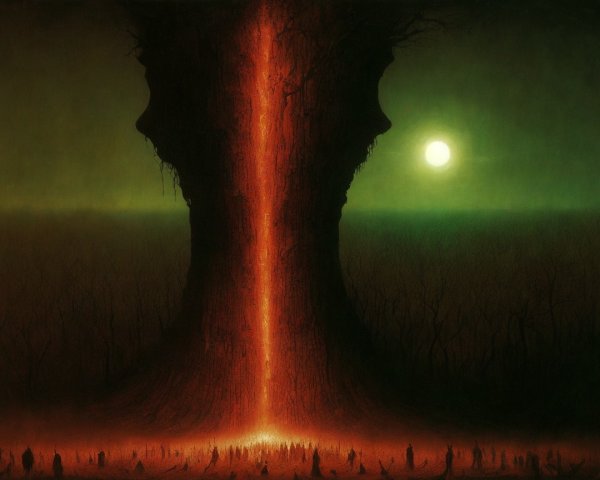 Tree with Carved Faces and Glowing Orange Hue