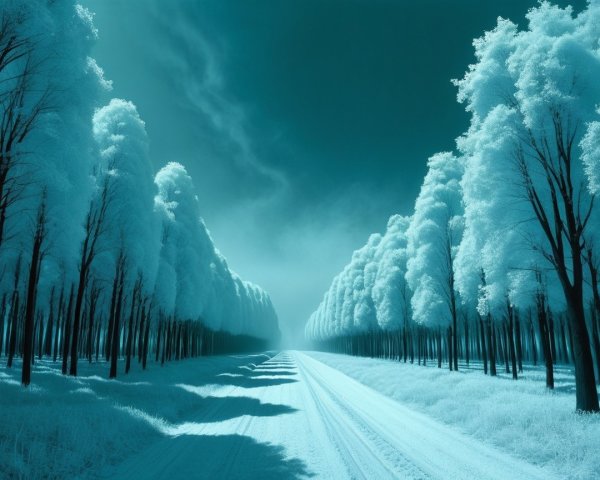 Ethereal Winter Landscape with Fluffy Trees and Shadows