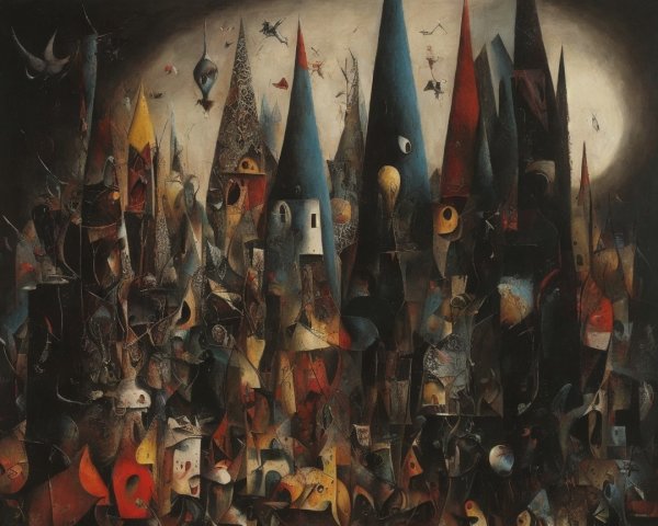 Abstract Cityscape with Colorful Spires and Shadows