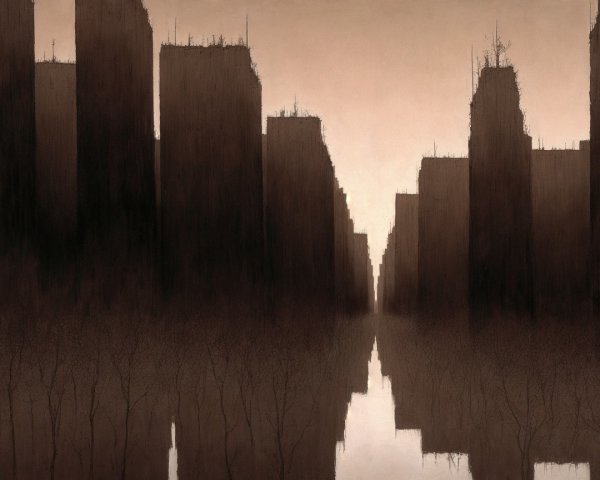 Urban Landscape with Overgrown Buildings and Waterway