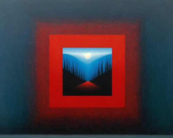 Bold Red Framed Landscape with Winding Path and Moon