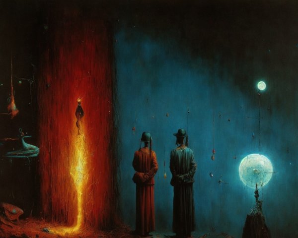 Contrasting Figures in Surreal Split Scene