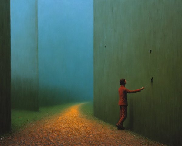 Solitary Figure in Red Suit in Dreamlike Landscape