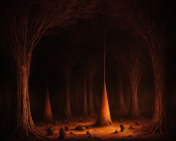 Enchanted forest with glowing trees and meditating figures