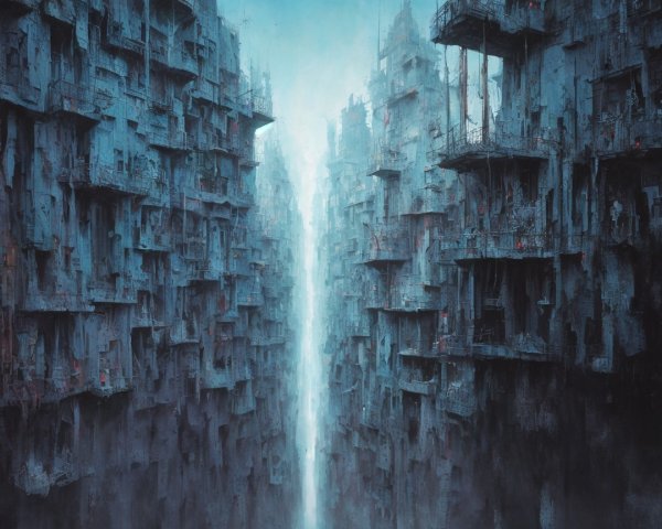 Surreal Cityscape with Jagged Structures and Misty Passage