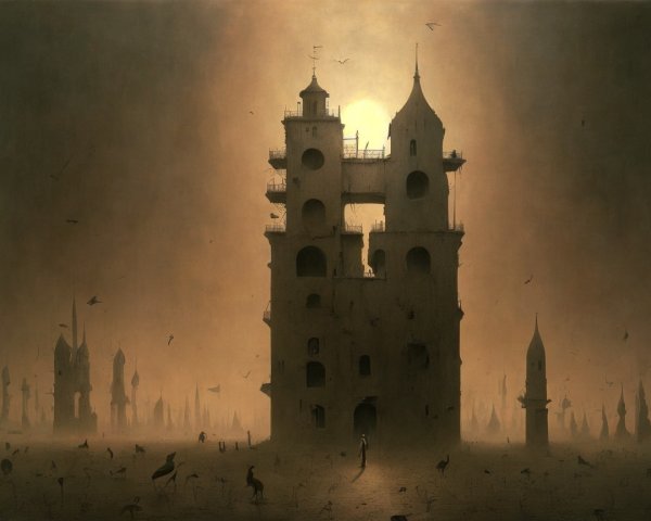 Surreal Landscape with Towering Structure and Shadows