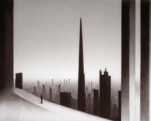 Lone Figure Overlooking Foggy Cityscape with Skyscrapers