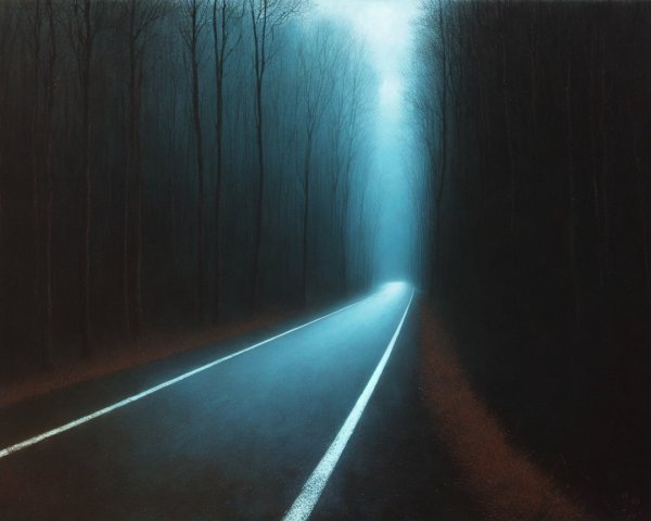 Misty Forest Road with Eerie Blue Light Glow