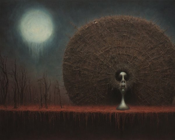 Eerie Landscape with Nest-Like Structure and Moonlight